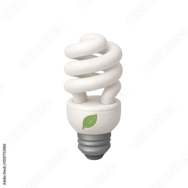 Obraz 3D icon of minimalistic energy saving spiral light bulb with green leaf symbol. Slightly isometric view isolated on transparent, no shadows. Sustainability and eco electricity concept.