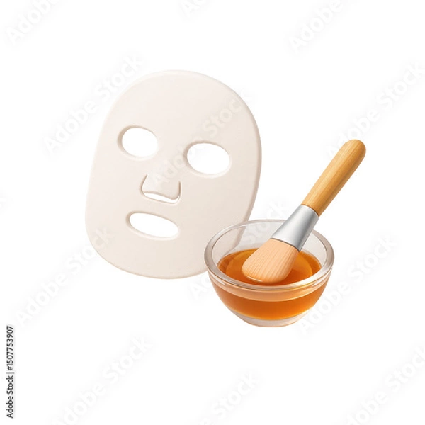 Obraz 3D icon of minimalistic facial sheet mask with honey bowl and wooden applicator brush. Slightly isometric view isolated on transparent, no shadows. Skincare routine and beauty treatment concept.