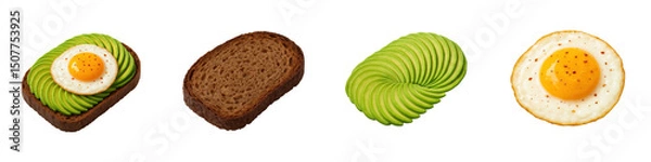 Obraz 3D icon setof minimalistic deconstructed avocado toast ingredients including bread, egg, and avocado swirl. Slightly isometric view isolated on transparent, no shadows. Realistic ingredient breakdown.