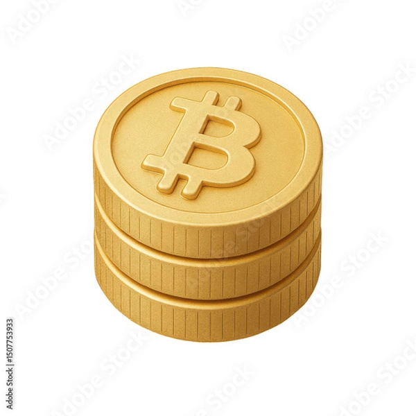 Obraz 3D icon of minimalistic gold bitcoin coin stack. Slightly isometric view isolated on transparent, no shadows.