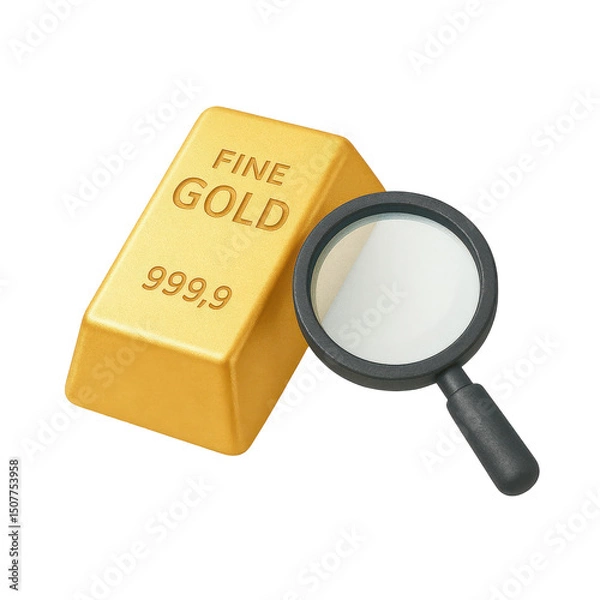 Obraz 3D icon of minimalistic gold bar with magnifying glass. Slightly isometric view isolated on transparent, no shadows.