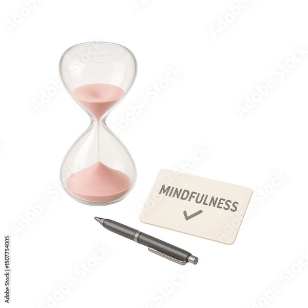 Obraz 3D icon of minimalistic hourglass with pink sand, pen, and card labeled mindfulness. Slightly isometric view isolated on transparent, no shadows. Wellness, self care, and mental clarity concept.