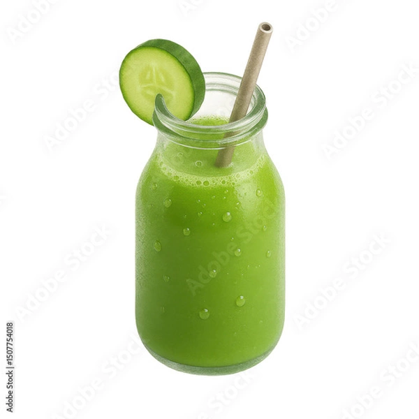 Obraz 3D icon of minimalistic green juice smoothie in glass bottle with paper straw and cucumber slice. Slightly isometric view isolated on transparent, no shadows. Health drink and detox concept.