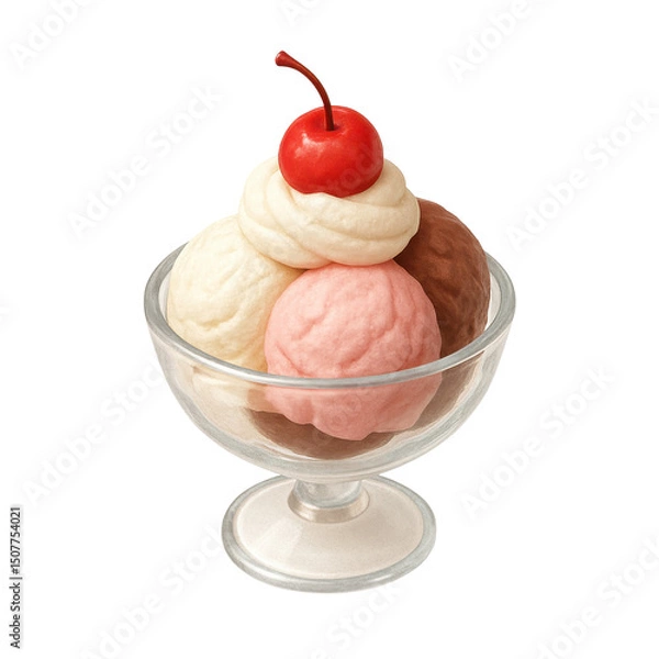 Obraz 3D icon of minimalistic ice cream sundae with vanilla, strawberry, chocolate scoops, whipped cream, and cherry. Slightly isometric view isolated on transparent, no shadows. Dessert and treat concept.