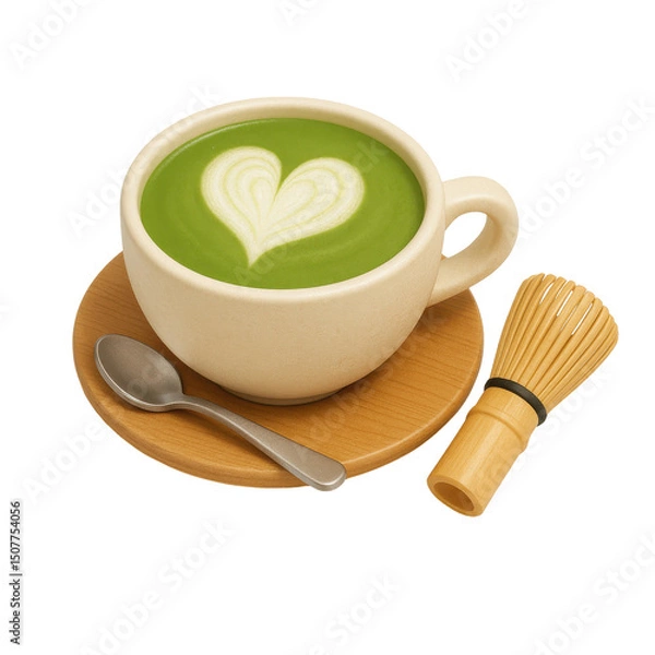 Obraz 3D icon of minimalistic matcha latte in cup with whisk. Slightly isometric view isolated on transparent, no shadows.