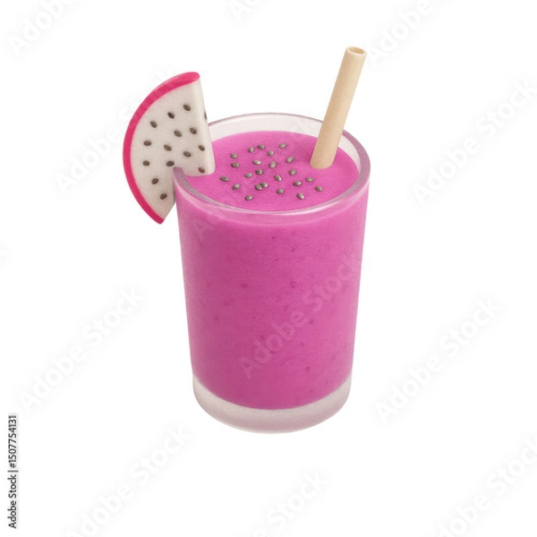 Obraz 3D icon of minimalistic pink dragon fruit smoothie in glass. Slightly isometric view isolated on transparent, no shadows.