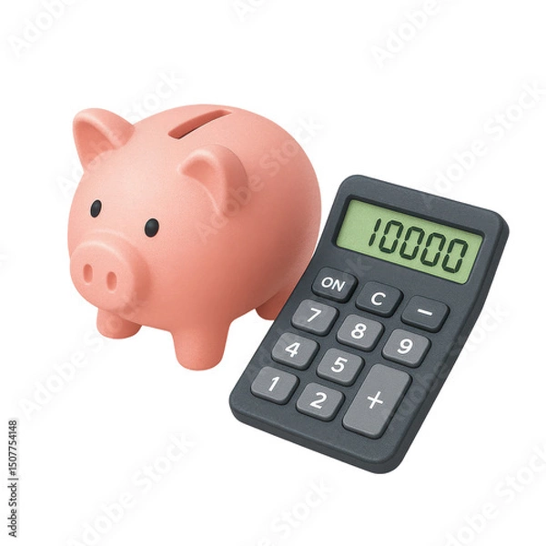 Obraz 3D icon of minimalistic pink piggy bank beside calculator showing 10000. Slightly isometric view isolated on transparent, no shadows. Financial savings and personal budgeting concept.