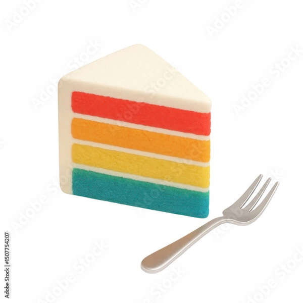 Obraz 3D icon of minimalistic rainbow layer cake slice with fork. Slightly isometric view isolated on transparent, no shadows.