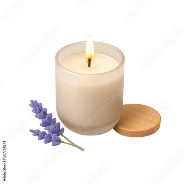 Obraz 3D icon of minimalistic scented candle in frosted jar with lavender flower and wood lid. Slightly isometric view isolated on transparent, no shadows. Aromatherapy and relaxation concept.