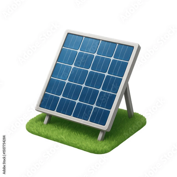Fototapeta 3D icon of minimalistic solar panel on grass patch. Slightly isometric view isolated on transparent, no shadows.