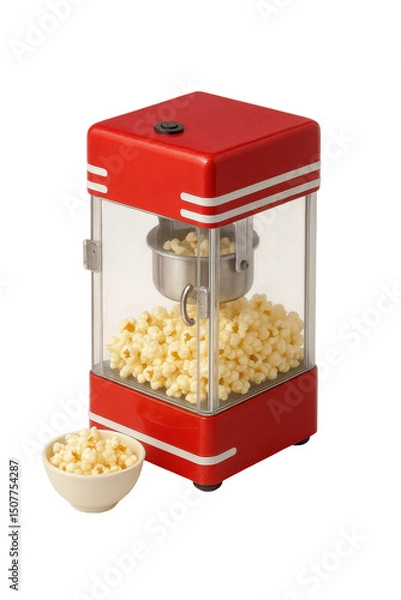 Fototapeta 3D icon of minimalistic red popcorn machine with transparent sides and full bowl. Slightly isometric view isolated on transparent, no shadows. Home movie snack and retro appliance concept.