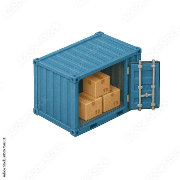 Obraz 3D icon of minimalistic shipping container with boxes. Slightly isometric view isolated on transparent, no shadows.