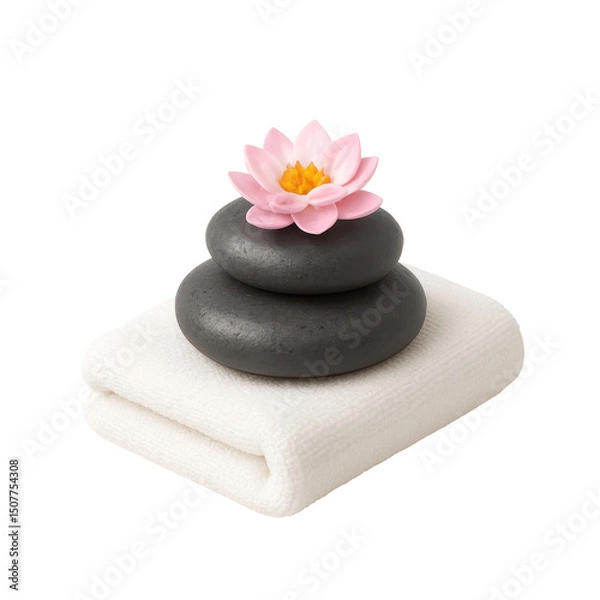 Obraz 3D icon of minimalistic spa setting with stacked hot stones, folded white towel, and pink lotus flower. Slightly isometric view isolated on transparent, no shadows. Relaxation and wellness concept.
