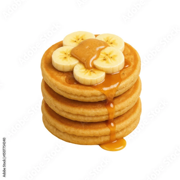 Obraz 3D icon of minimalistic stack of golden waffles topped with banana slices and creamy peanut butter. Slightly isometric view isolated on transparent, no shadows. Healthy breakfast protein snack