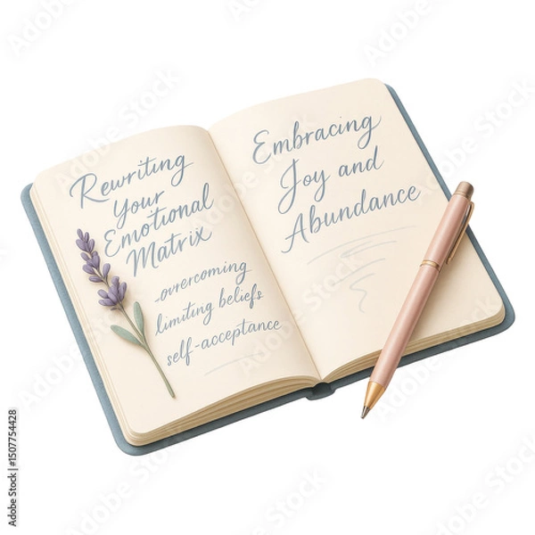 Obraz 3D icon of open self-help journal with inspirational text. Slightly isometric view isolated on transparent, no shadows.