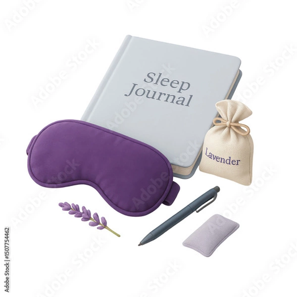 Obraz 3D icon of sleep journal with lavender sachet and mask