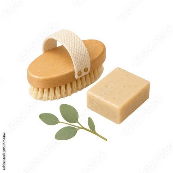 Obraz 3D icon of wooden dry brush, soap bar, and green leaves