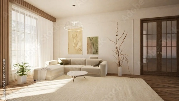 Fototapeta 3D render of a cozy living room with a modern beige sectional sofa, round coffee table, and abstract wall art. Large windows, sheer curtains, natural light, enhancing the warm and elegant interior