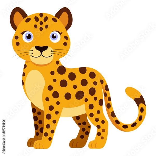 Obraz Cute cartoon leopard isolated on white background. Side view. Vector illustration.
