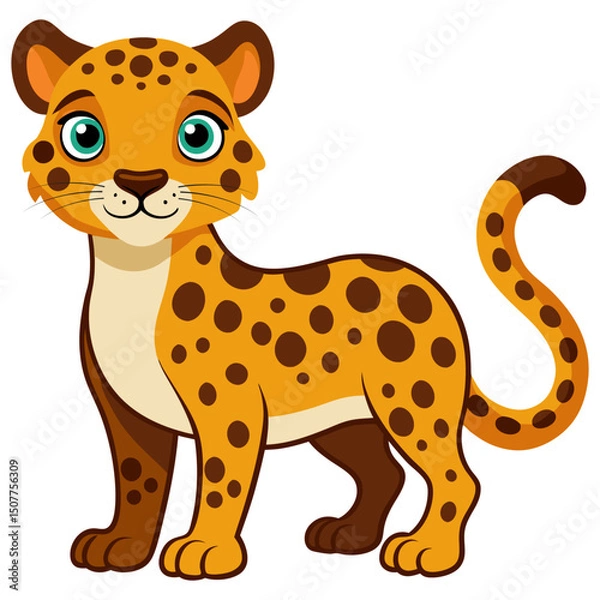 Obraz Cute cartoon leopard isolated on white background. Side view. Vector illustration.