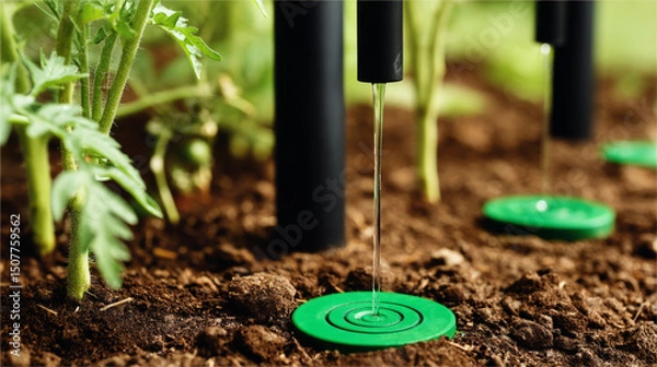 Fototapeta Efficient garden care with close-up drip irrigation system providing water to plants