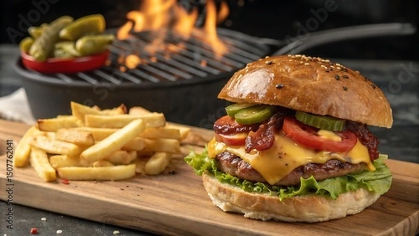 Fototapeta Close up of a burger with fries and pickles on a wooden board