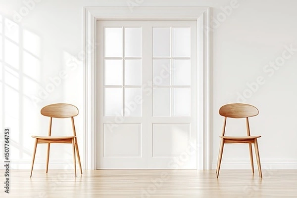 Fototapeta Elegant interior with symmetrical wood chairs and natural light features