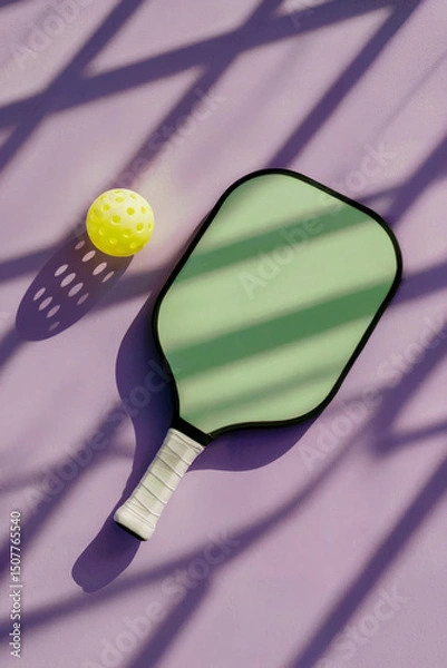 Fototapeta Modern pickleball paddle and yellow perforated ball on pastel purple surface with dramatic fence shadow, summer sport concept, vertical composition for editorial or lifestyle use