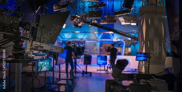 Fototapeta abstract blurred background with tv equipment in tv studio