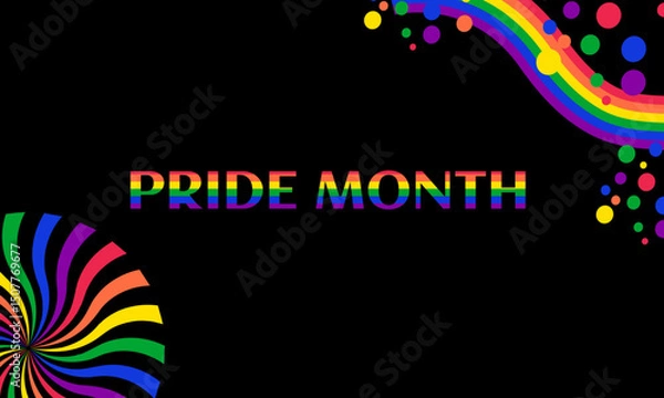 Fototapeta Let's Celebrate PRIDE month background for festival parades, parties, and social events. Colorful rainbow flag on dark background. Vector design template. Vector illustration
