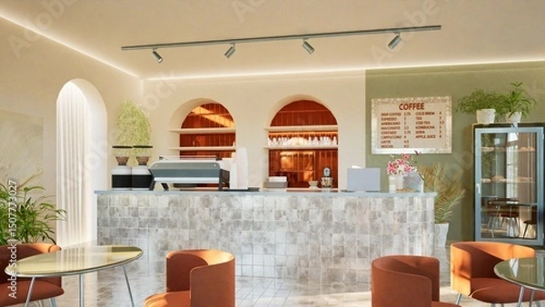 Fototapeta Modern interior design of a coffee shop with a tiled bar counter, arched windows, and round tables. Warm tones, stylish lighting, and indoor plants. Cozy Mediterranean vibe. 3d render