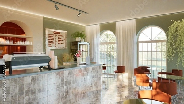 Fototapeta Modern interior design of a coffee shop with a tiled bar counter, arched windows, and round tables. Warm tones, stylish lighting, and indoor plants. Cozy Mediterranean vibe. 3d render