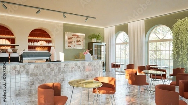 Fototapeta Modern interior design of a coffee shop with a tiled bar counter, arched windows, and round tables. Warm tones, stylish lighting, and indoor plants. Cozy Mediterranean vibe. 3d render