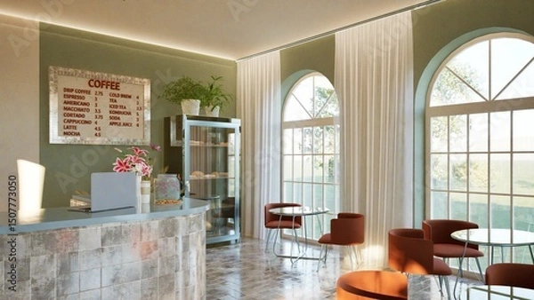 Fototapeta Modern interior design of a coffee shop with a tiled bar counter, arched windows, and round tables. Warm tones, stylish lighting, and indoor plants. Cozy Mediterranean vibe. 3d render