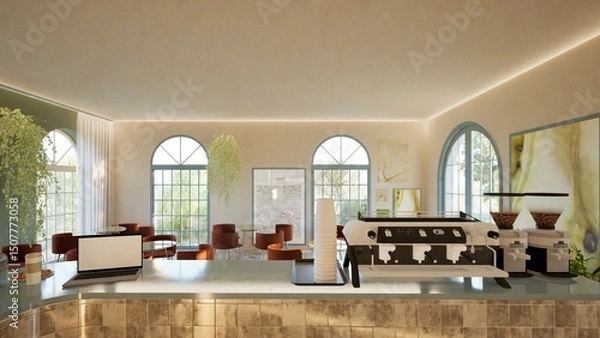 Fototapeta Modern interior design of a coffee shop with a tiled bar counter, arched windows, and round tables. Warm tones, stylish lighting, and indoor plants. Cozy Mediterranean vibe. 3d render