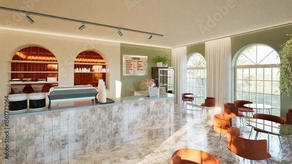 Fototapeta Modern interior design of a coffee shop with a tiled bar counter, arched windows, and round tables. Warm tones, stylish lighting, and indoor plants. Cozy Mediterranean vibe. 3d render