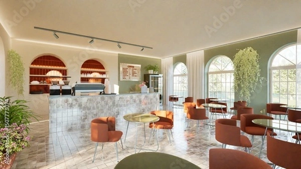 Fototapeta Modern interior design of a coffee shop with a tiled bar counter, arched windows, and round tables. Warm tones, stylish lighting, and indoor plants. Cozy Mediterranean vibe. 3d render