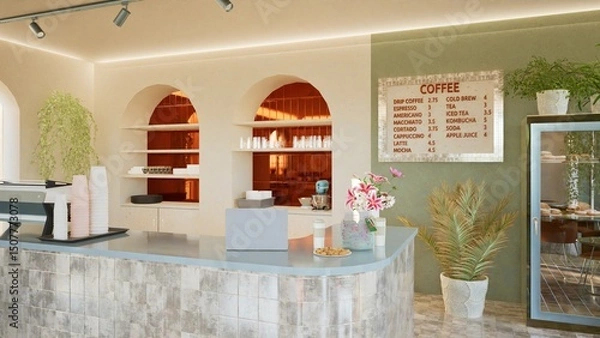Fototapeta Modern interior design of a coffee shop with a tiled bar counter, arched windows, and round tables. Warm tones, stylish lighting, and indoor plants. Cozy Mediterranean vibe. 3d render