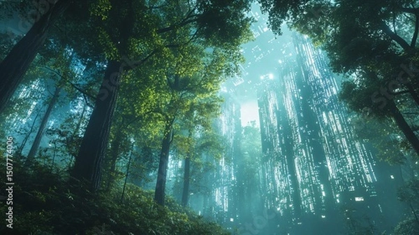 Obraz Lush forest canopy with futuristic structures.