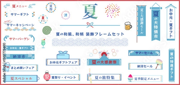 Obraz 和風の夏のフレーム、アイコンセット　ベクターイラスト　テンプレート　和柄　広告　チラシ　青　レトロ　お中元　夏ギフト