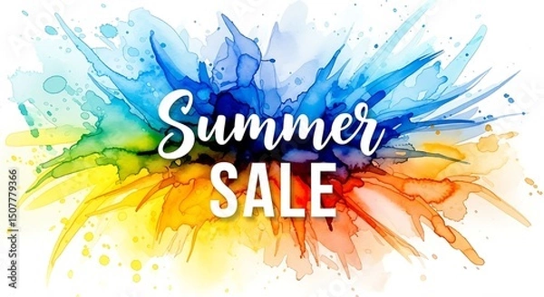 Fototapeta Summer Sale Watercolor Burst: Abstract Splashes of Yellow, Green, Blue & Orange Creating a Dynamic Festive Design Promoting Seasonal Savings and Retail Therapy for Creative Commercial Use