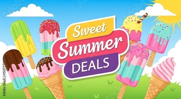 Fototapeta Sweet Summer Deals: Popsicles and Ice Cream Cones Delightfully Presented on Green Grass Under a Blue Sky with Cartoon Sun in a Vibrant Vector Illustration