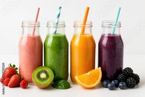 Fototapeta Assortment of Healthy Fresh Fruit and Vegetable Smoothies in Glass Bottles on a White Background