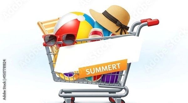 Fototapeta Summer Shopping Cart: Filled with Beach Gear, Sunglasses, Hat for Vacations - Ready to Offer Summer Deals with Space for Custom Text and Promos for Holidays.