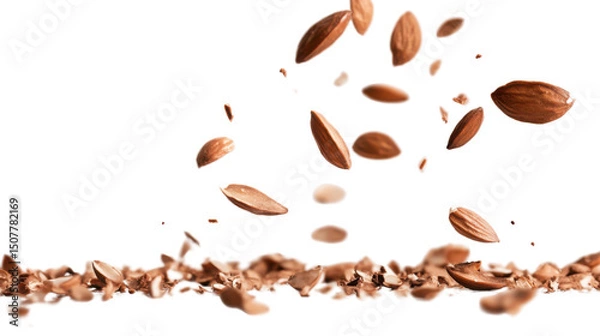 Fototapeta Falling Almond in Mid-Air with Natural Texture and Dynamic Motion Isolated on White Background