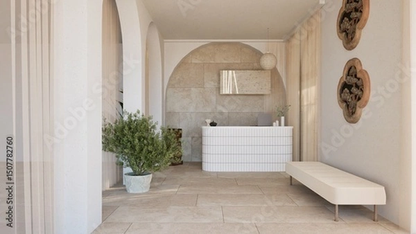 Fototapeta 3D render of a serene modern reception area with white curved desk, arched wall niche, indoor plants, and natural stone textures. Minimalist design with warm light and earthy tones.