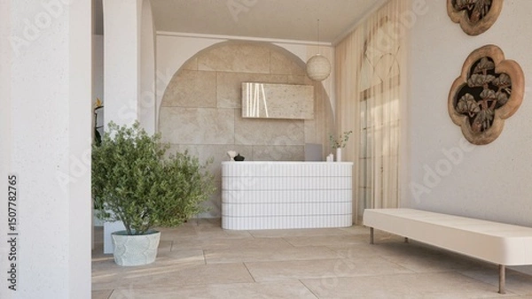 Fototapeta 3D render of a serene modern reception area with white curved desk, arched wall niche, indoor plants, and natural stone textures. Minimalist design with warm light and earthy tones.