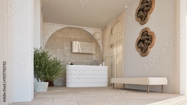 Fototapeta 3D render of a serene modern reception area with white curved desk, arched wall niche, indoor plants, and natural stone textures. Minimalist design with warm light and earthy tones.