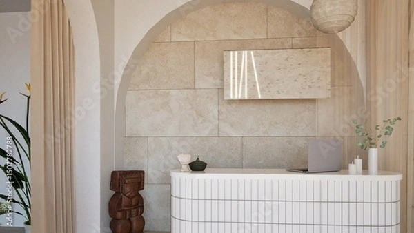 Fototapeta 3D render of a serene modern reception area with white curved desk, arched wall niche, indoor plants, and natural stone textures. Minimalist design with warm light and earthy tones.