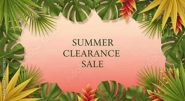 Fototapeta Summer Clearance Sale: Lush Tropical Leaves Frame a Gradient Coral Backdrop, Featuring Monstera, Palm, and Heliconia Plants in a Vibrant, Naturalistic Style